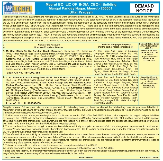 Demand Notice under SARFAESI Act by LIC Housing Finance Meerut