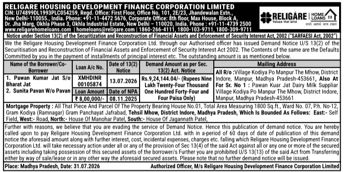 Demand Notice Under SARFAESI Act by Religare Housing