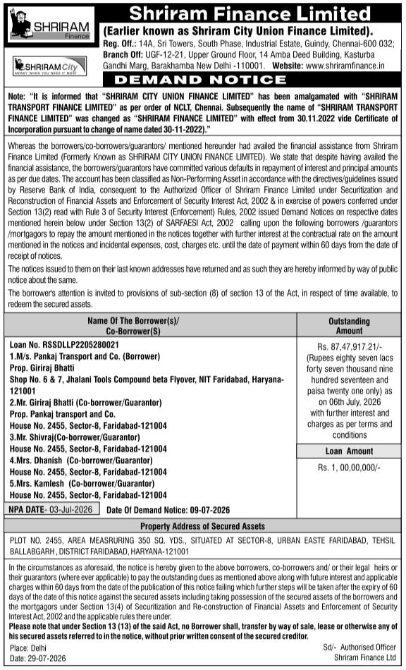 Demand Notice Under SARFAESI Act by Shriram Finance Limited