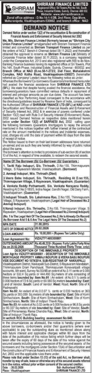 Demand Notice Under SARFAESI Act by Shriram Finance Limited
