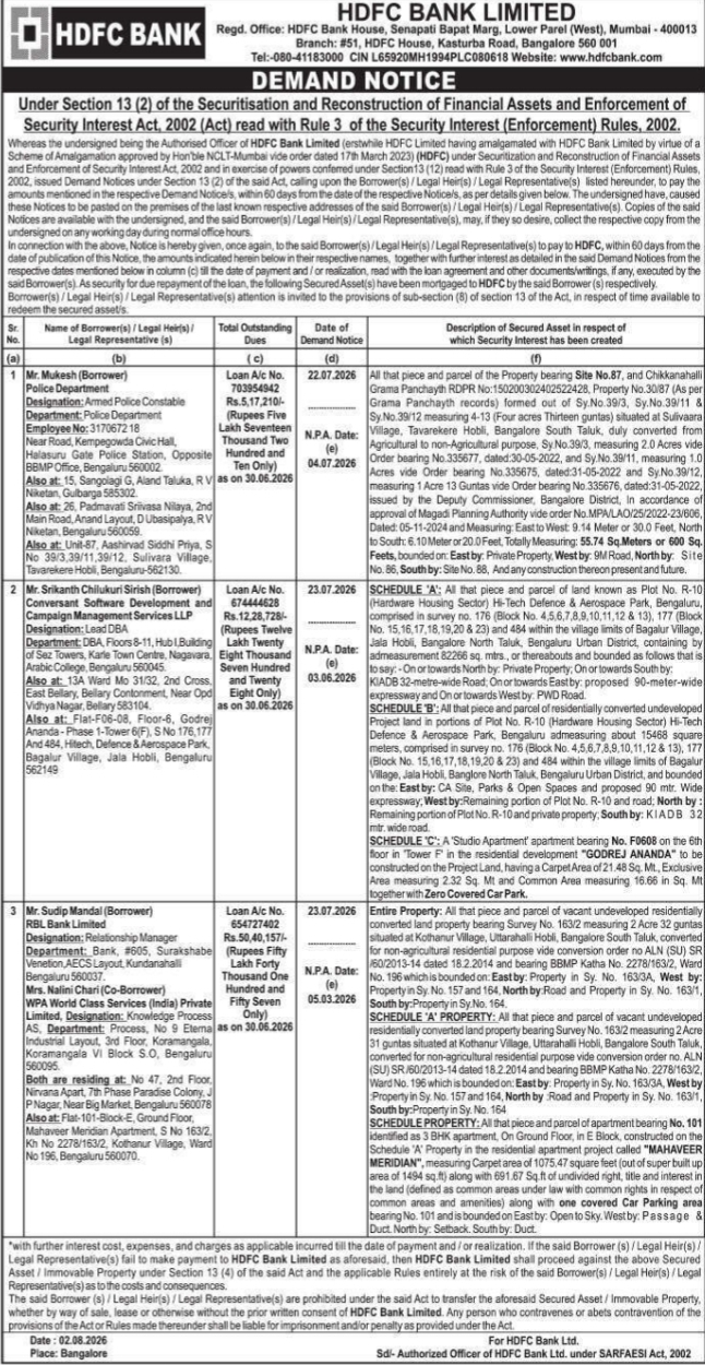 Demand Notice under SARFAESI Act (HDFC Bank)