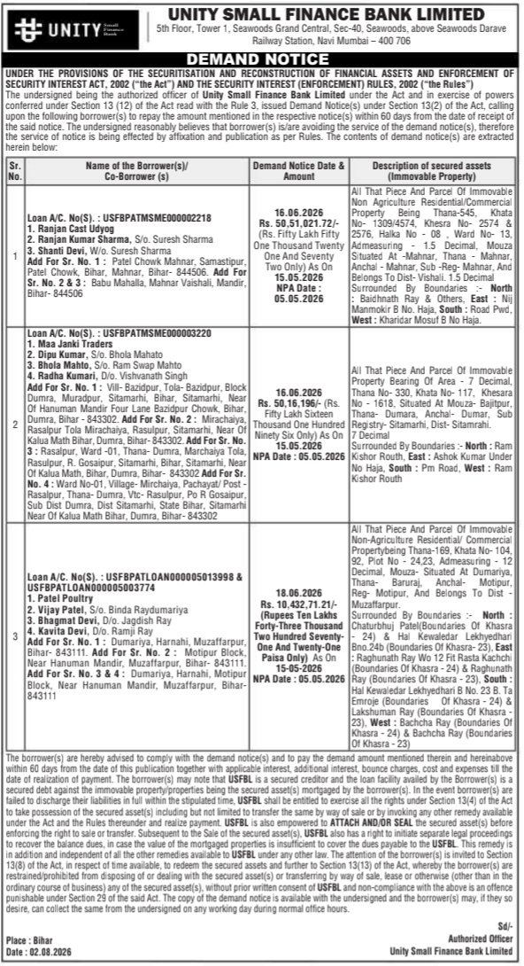 Demand Notice under SARFAESI Act (Unity Small Finance Bank)