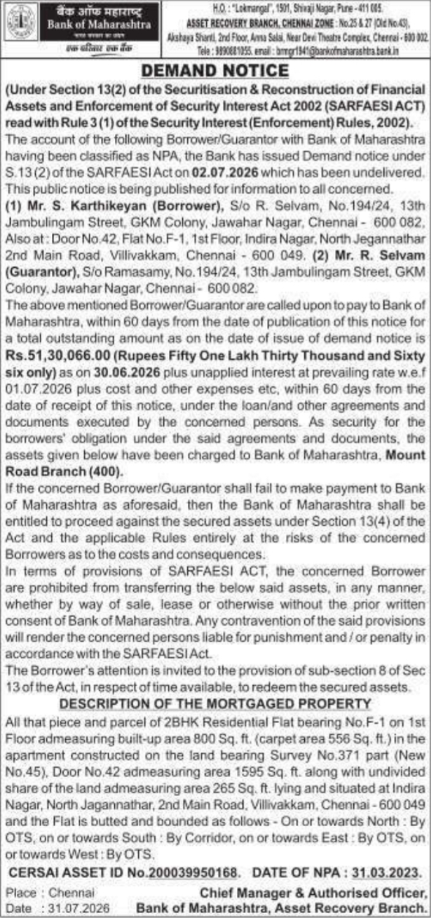 Demand Notice Under Section 13(2) by Bank of Maharashtra
