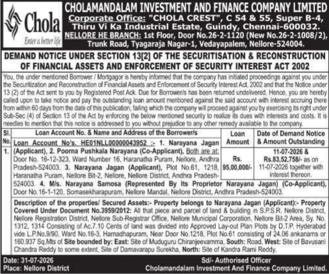 Demand Notice Under Section 13(2) by Cholamandalam Investment and Finance