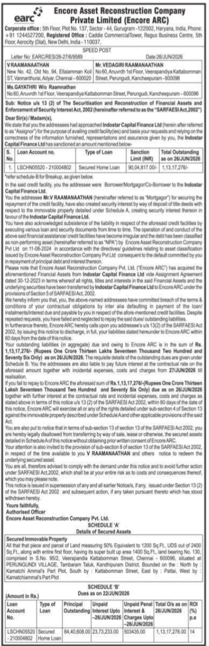 Demand Notice Under Section 13(2) by Encore Asset Reconstruction Company