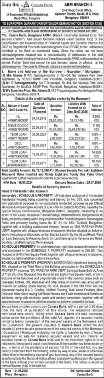 Demand Notice under Section 13(2) of SARFAESI Act (Canara Bank)
