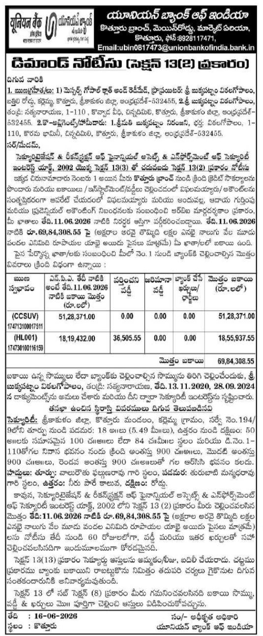 Demand Notice: Union Bank of India Legal Action