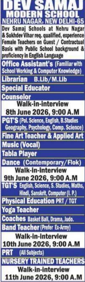 Dev Samaj Modern School: Walk-In Interviews 2026