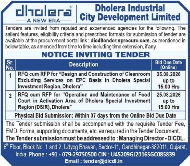 DICDL Notice Inviting Tenders for Cleanroom Construction and Food Court O&M