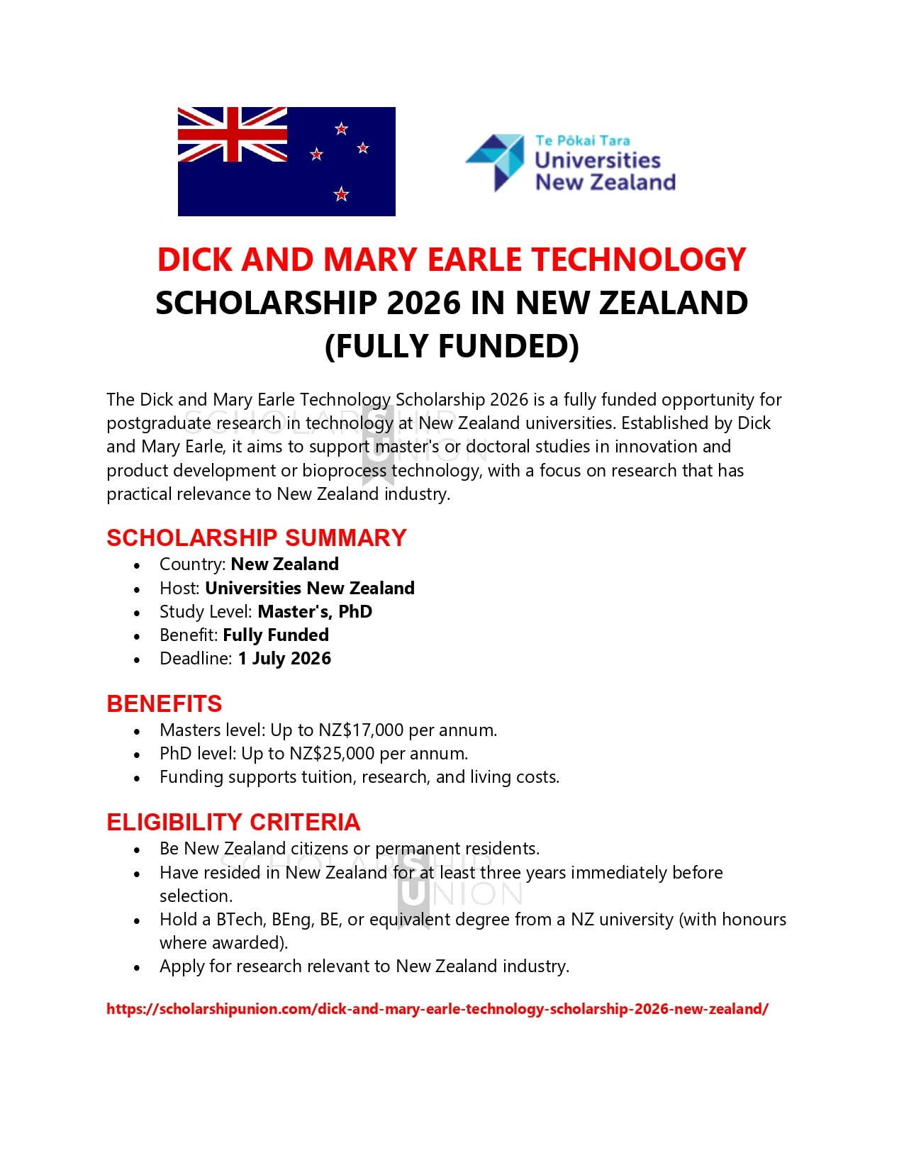 Dick and Mary Earle Technology Scholarship 2026 in New Zealand