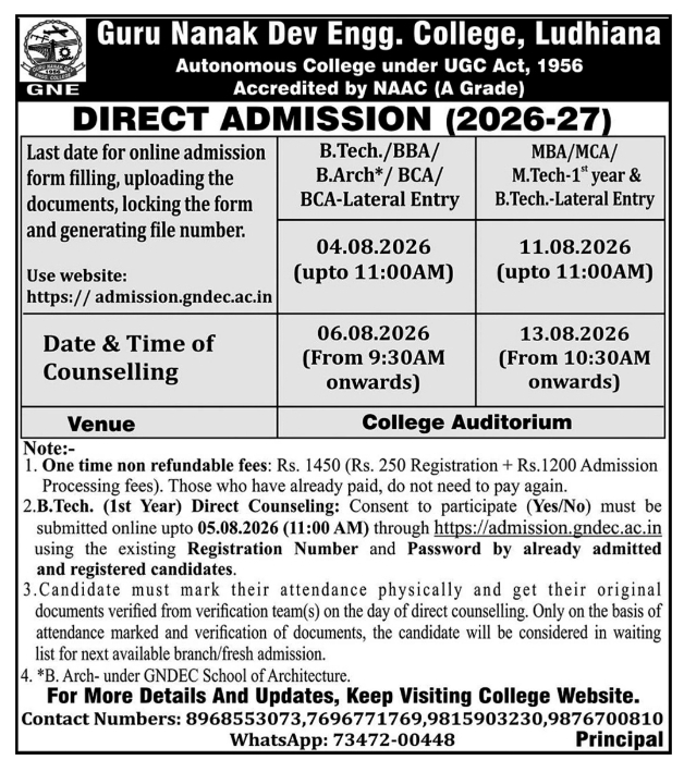 Direct Engineering Admissions Open at GNE College Ludhiana