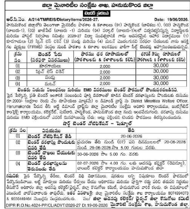 District Minorities Welfare Department Hanumakonda Food Supply Tender Notice