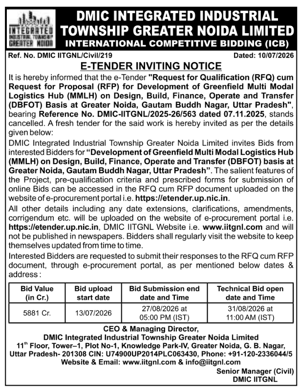 DMIC Integrated Industrial Township Greater Noida Limited E-Tender Inviting Notice