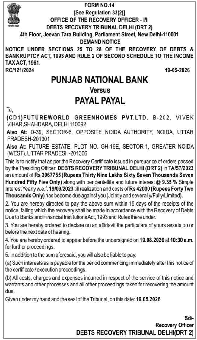 DRT Delhi Demand Notice to Futureworld Greenhomes