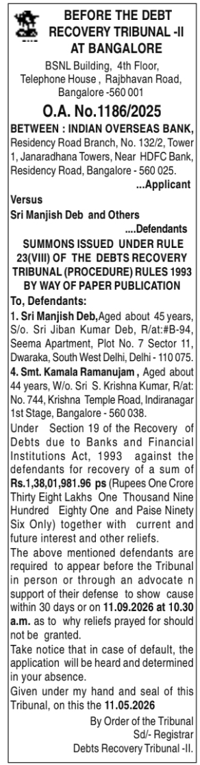 DRT Summons to Sri Manjish Deb and Others