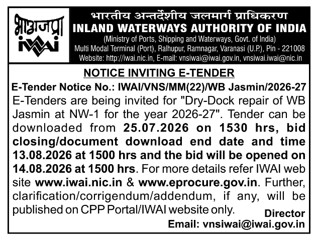 Dry-Dock Repair E-Tender for WB Jasmin by IWAI Varanasi