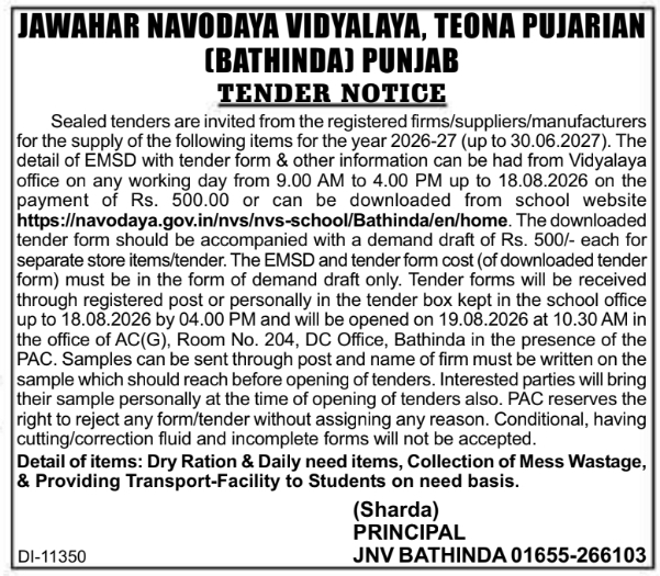 Dry Ration, Mess Waste, and Student Transport Tender Notice by JNV Bathinda