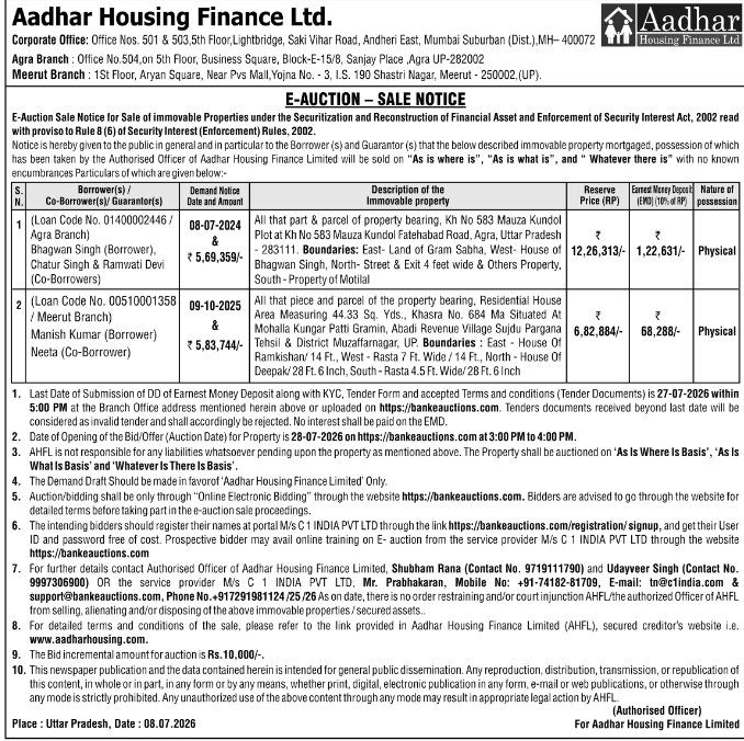 E-Auction Sale Notice: Aadhar Housing Finance Properties Auction