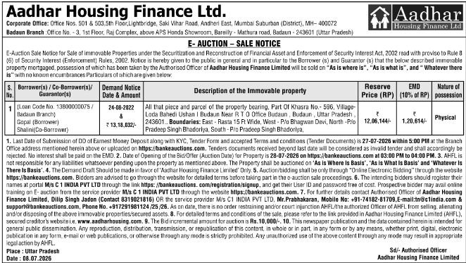 E-Auction Sale Notice: Aadhar Housing Finance Property Auction