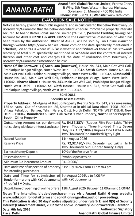 E-Auction Sale Notice: Anand Rathi Global Finance Property Auction