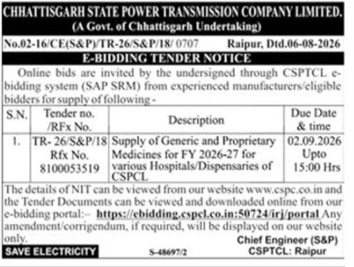 E-Bidding Tender for Generic and Proprietary Medicines Supply by CSPTCL