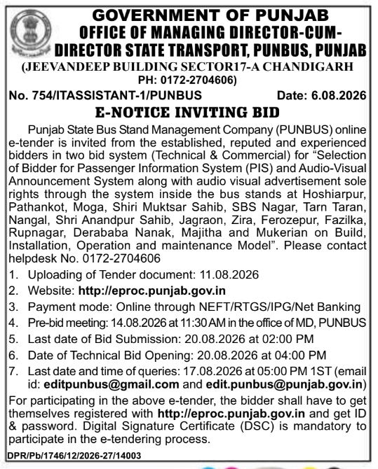 E-Notice Inviting Bid for Passenger Information System by PUNBUS