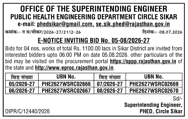 E-Notice Inviting Bid: PHED Sikar Circle Water Works