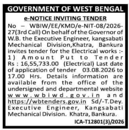 e-Notice Inviting Tender: Kangsabati Mechanical Division Electrical Works