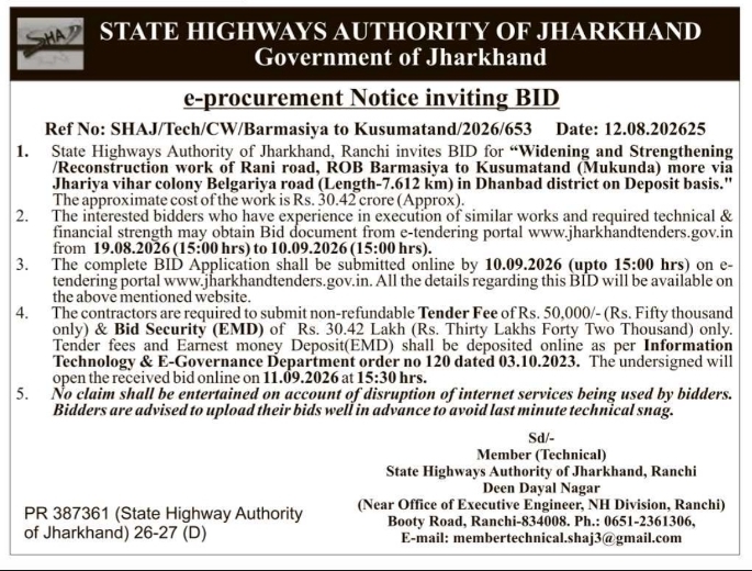 E-Procurement Bid Notice for Highway Widening and Reconstruction by SHAJ Ranchi
