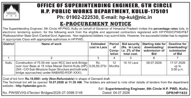 E-Procurement Notice: Bridge Construction at H.P. PWD, Kullu