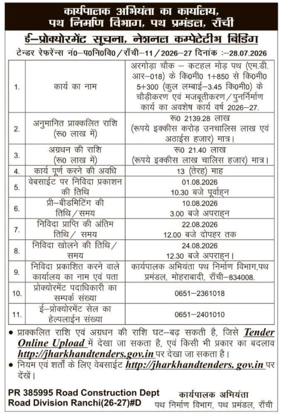 E-Procurement Notice by Road Construction Department Ranchi