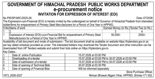 e-Procurement Notice: Empanelment of Primary Steel Manufacturers