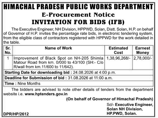 E-Procurement Notice for Black Spot Improvement Works by HPPWD Solan