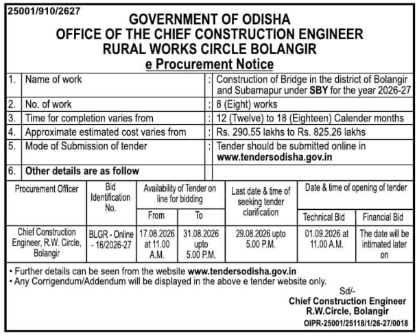 E-Procurement Notice for Bridge Construction by Rural Works Circle Bolangir