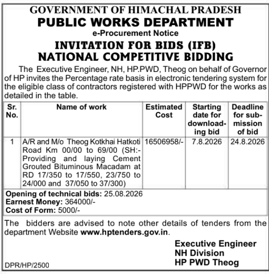 E-Procurement Notice for Highway Works by HPPWD Theog