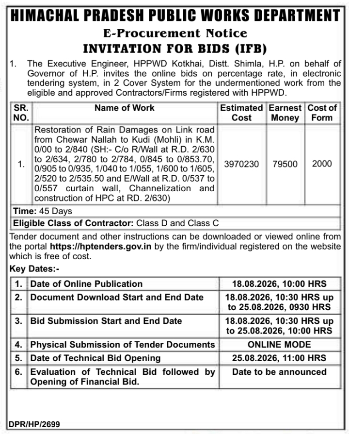 E-Procurement Notice for Link Road Damage Restoration by Himachal Pradesh PWD