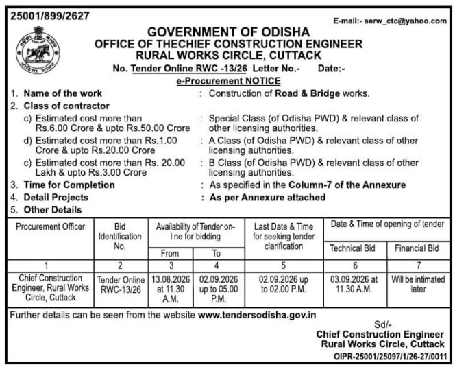 E-Procurement Notice for Road and Bridge Works by Rural Works Circle Cuttack