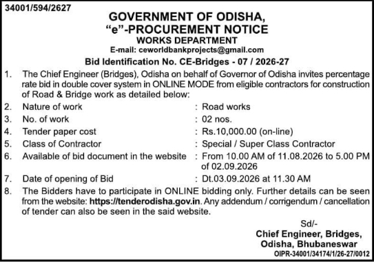 E-Procurement Notice for Road & Bridge Construction by Odisha Works