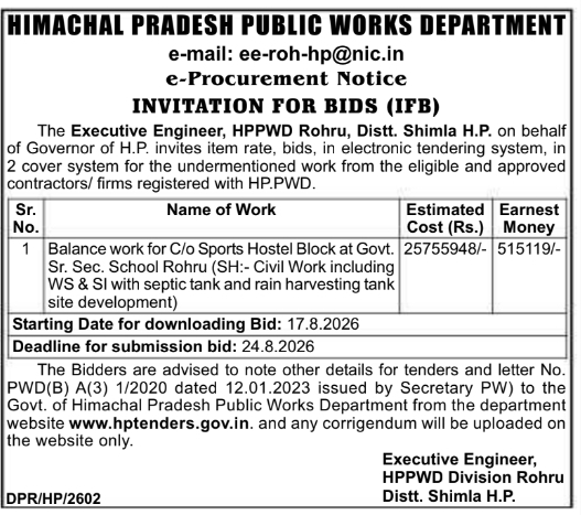 E-Procurement Notice for Sports Hostel Block Construction by HPPWD Rohru