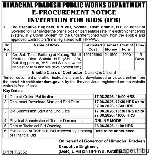 E-Procurement Notice for Sub-Tehsil Building by HPPWD Kotkhai