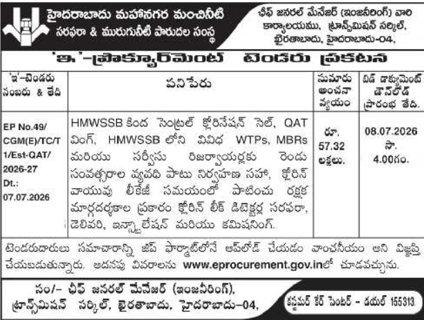 e-Procurement Notice: HMWSSB Chlorination Safety Equipment