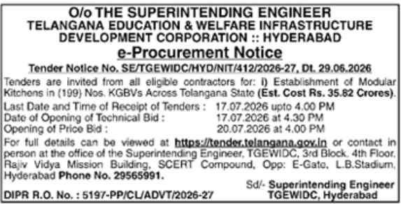 E-Procurement Notice: Modular Kitchen Installation Works across Telangana