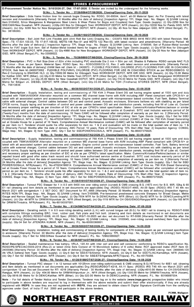 E-Procurement Notice: Railway Supply Work, Northeast Frontier