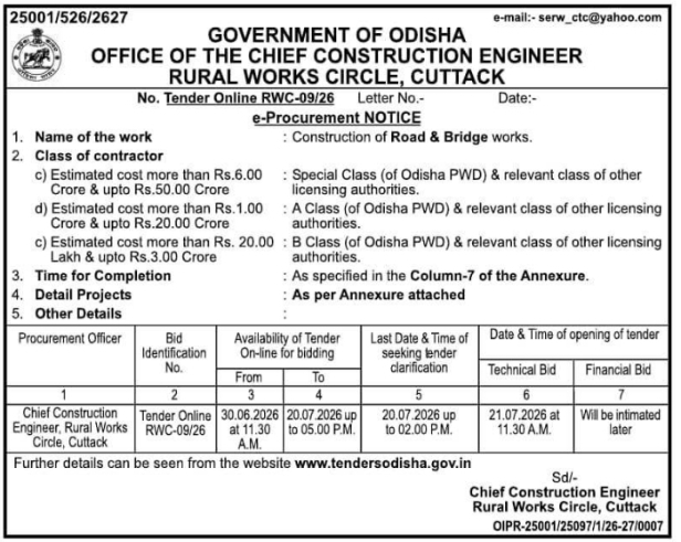 E-Procurement Notice: Road & Bridge Construction, Rural Works Circle Cuttack