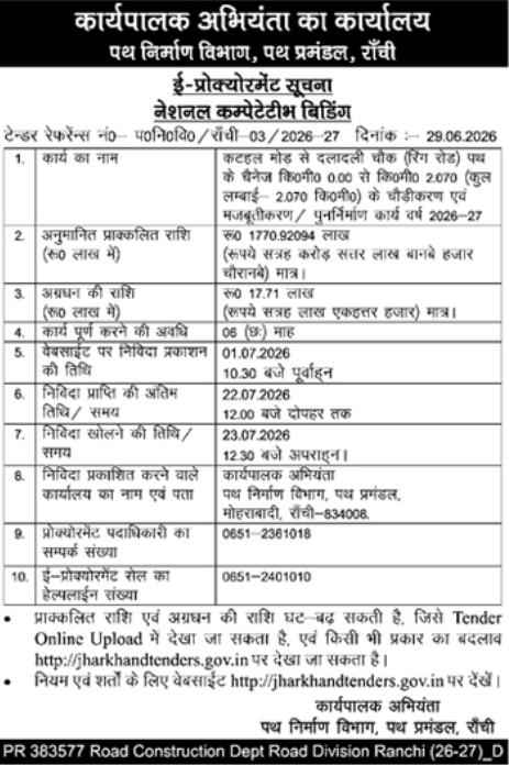 E-Procurement Notice: Road Construction Tender in Ranchi