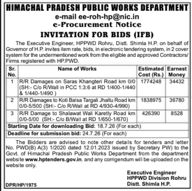 e-Procurement Notice: Road Retaining Wall Construction for HPPWD Division, Rohru