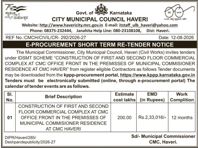 E-Procurement Short Term Re-Tender Notice by City Municipal Council Haveri