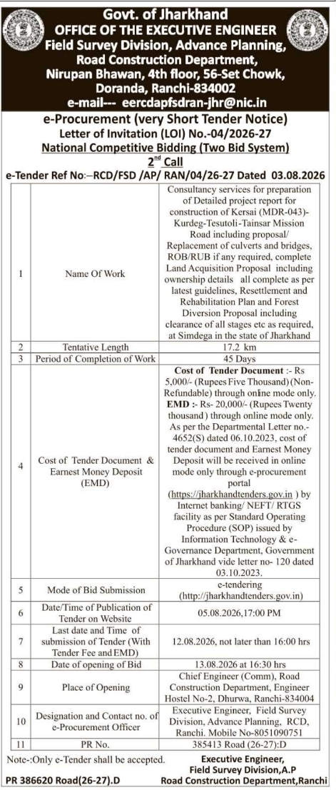 E-Procurement Tender for Detailed Road Project Report
