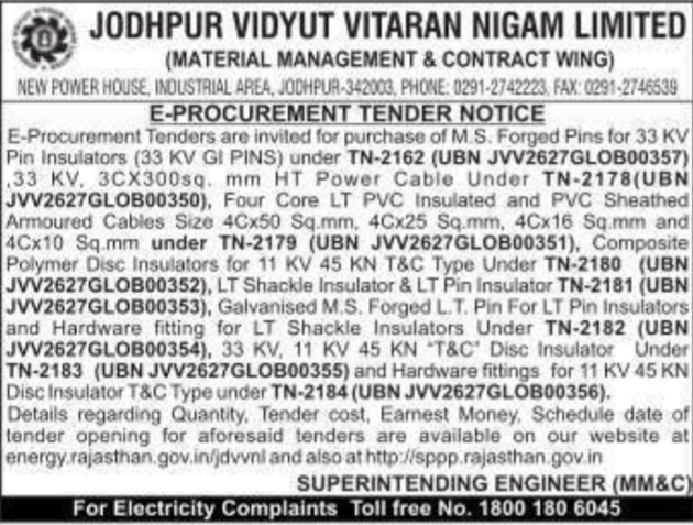 E-Procurement Tender for Electrical Materials by Jodhpur Vidyut Vitran Nigam Limited
