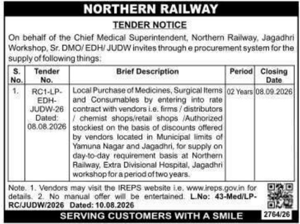 E-Procurement Tender for Medicines and Medical Consumables by Northern Railway